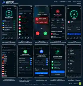 Maquette complète de l’application Android Sentinel montrant l’accueil, les appels, le Caller ID, le VPN, le choix du pays, l’anti-publicité, les SMS, la veille d’exposition et les paramètres