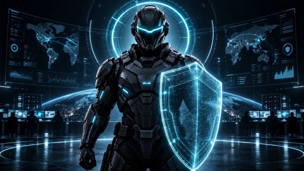 Soldat Sentinel en armure noire tenant un bouclier lumineux dans un centre de supervision cyber